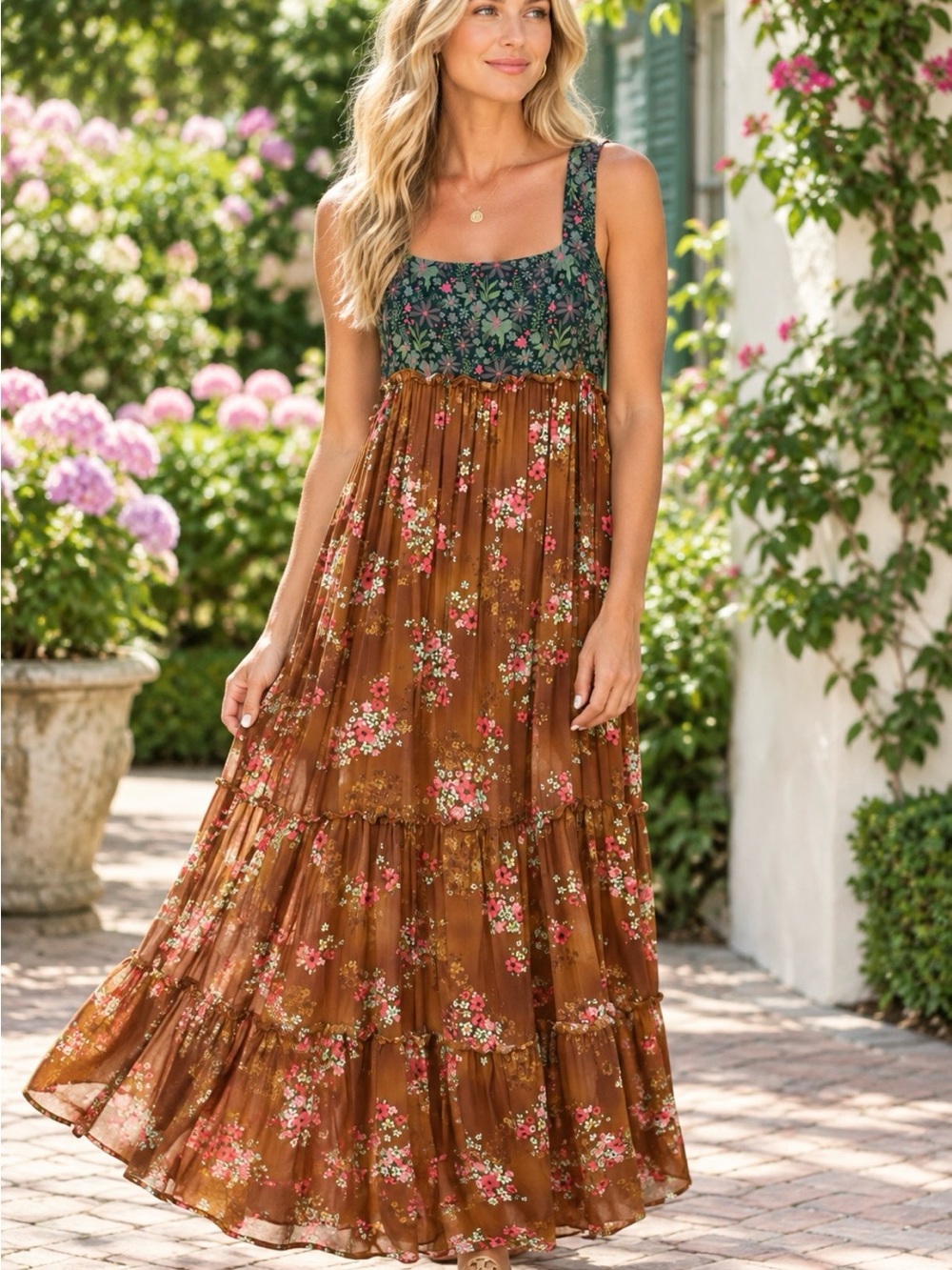 NATURAL LIFE Brown Floral Maxi Dress with Green Bodice M